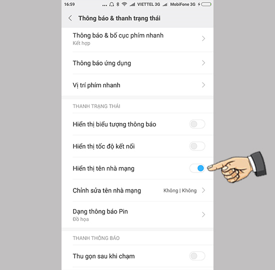 Hiển thị đổi tên nhà mạng